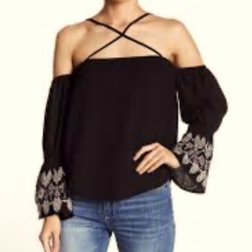 Banjara Off-the-Shoulder Embroidered Bell Sleeve Black Blouse - XS NWT